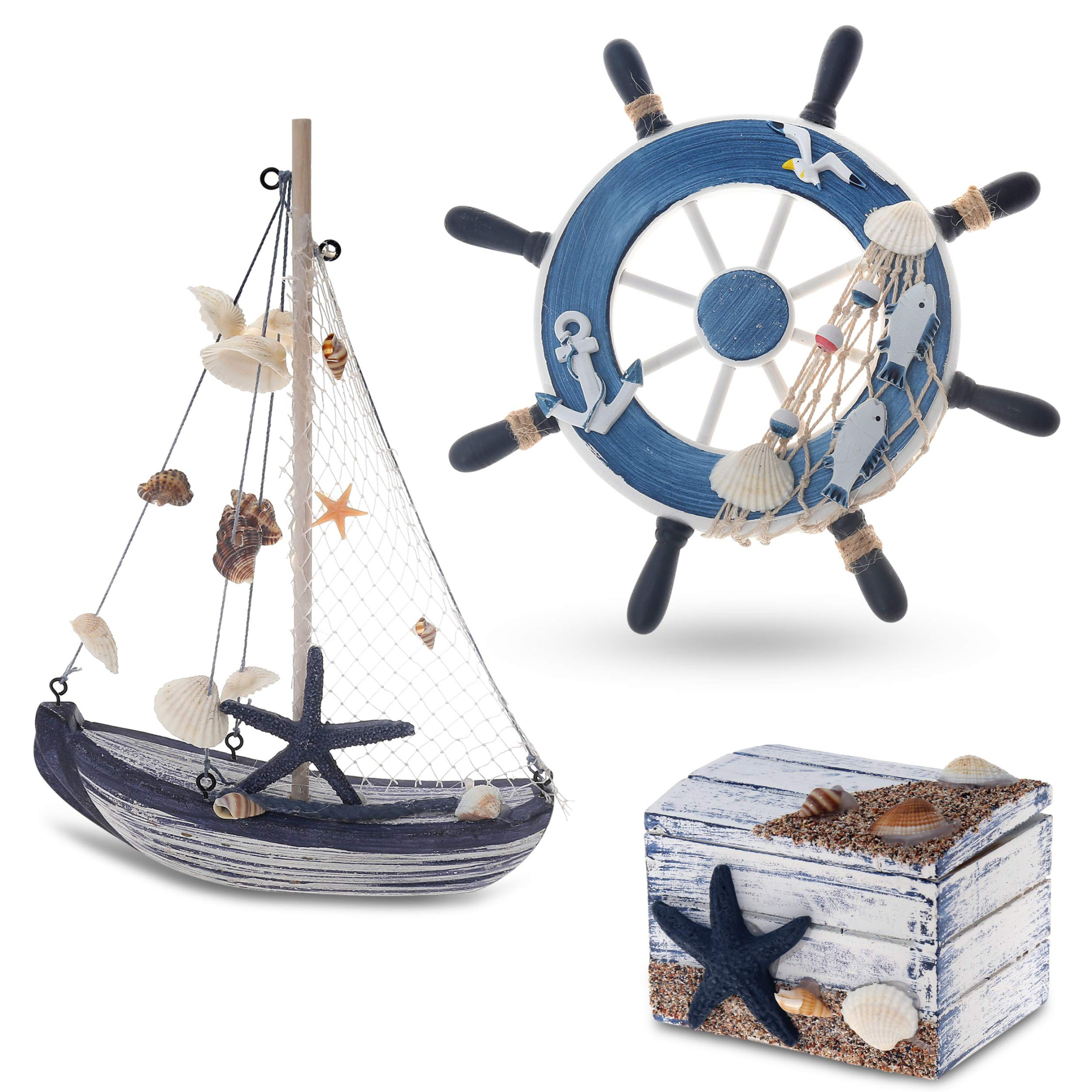 Flanacom Maritime Badezimmer Deko er Set - Steuer-Rad, Segel-Schiff und  Schatz-Truhe aus Holz - liebevoll gestaltete Badaccessoires mit Details