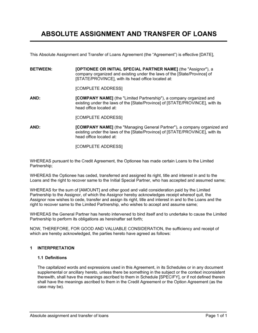 Absolute Assignment and Transfer of Loans Template (Download)