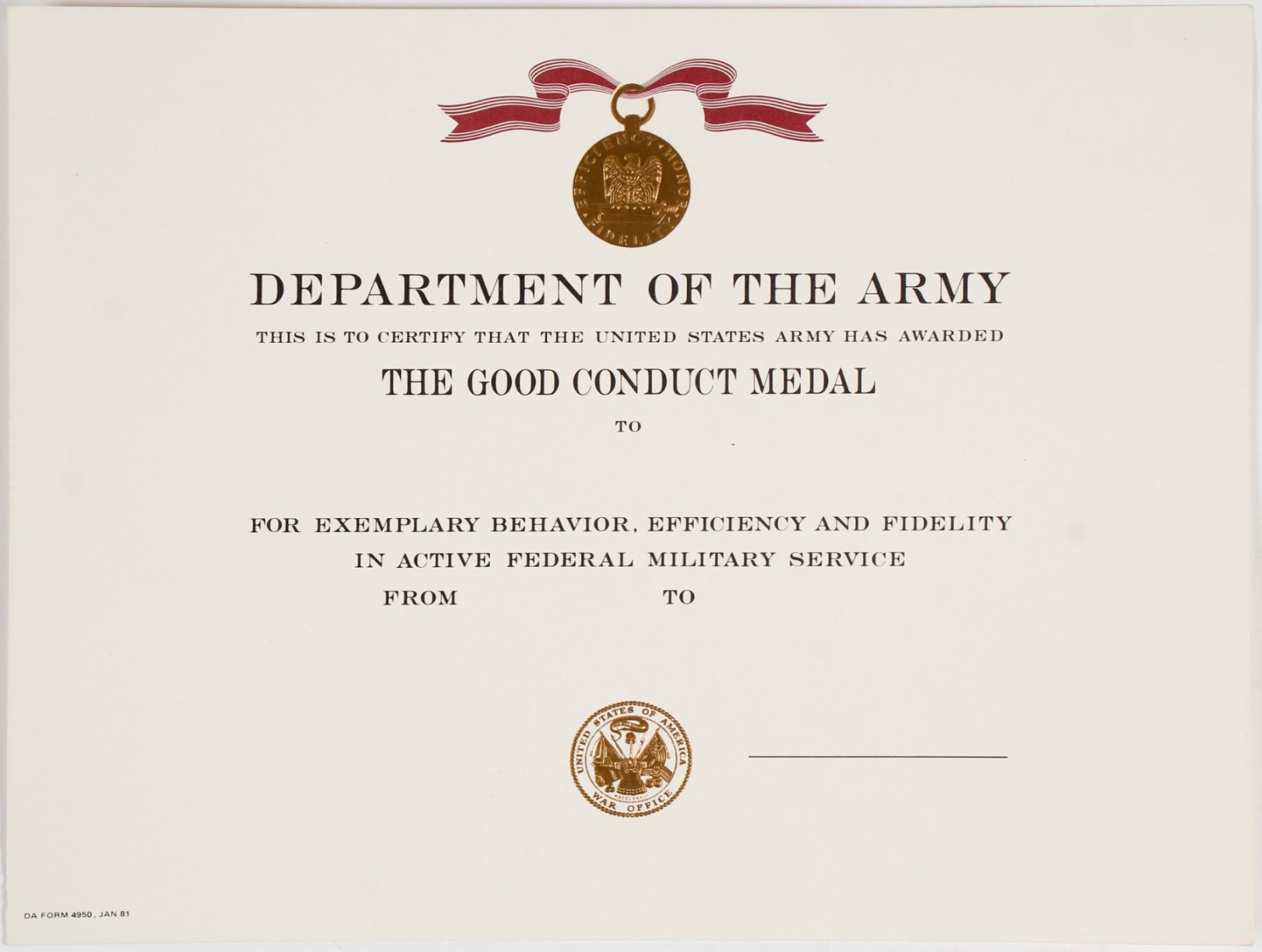 Army Good Conduct Medal Certificate () - Holabird Western