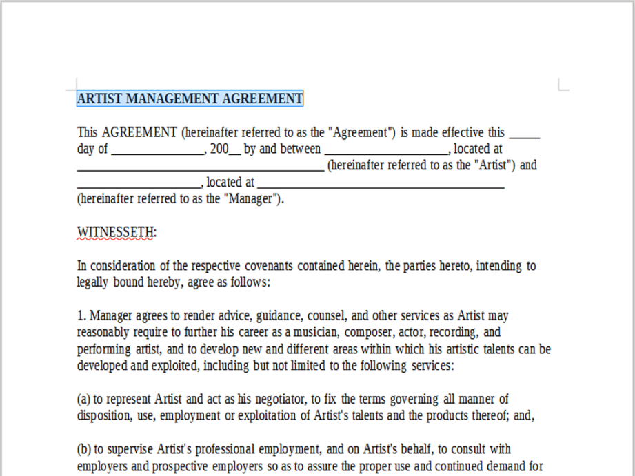 ARTIST MANAGEMENT AGREEMENT