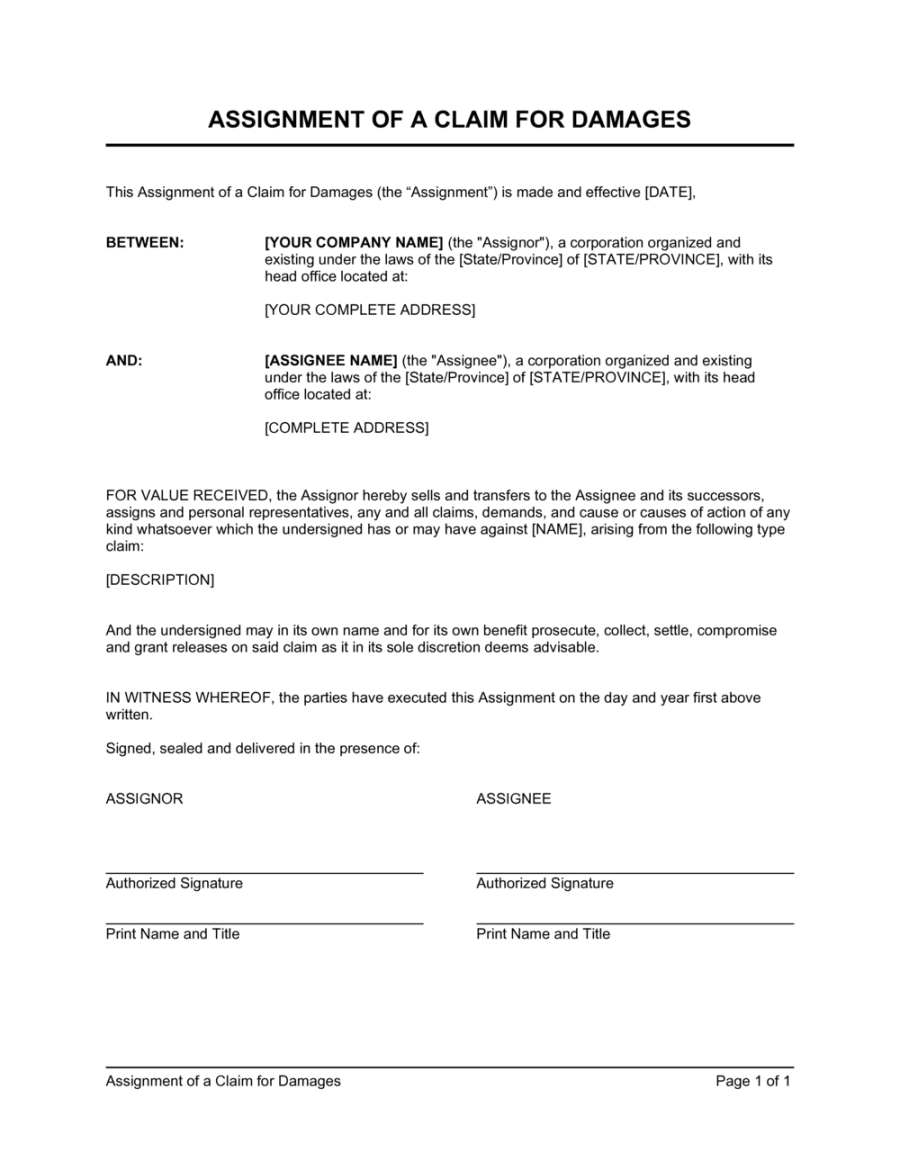 Assignment of a Claim for Damages Template (Download)