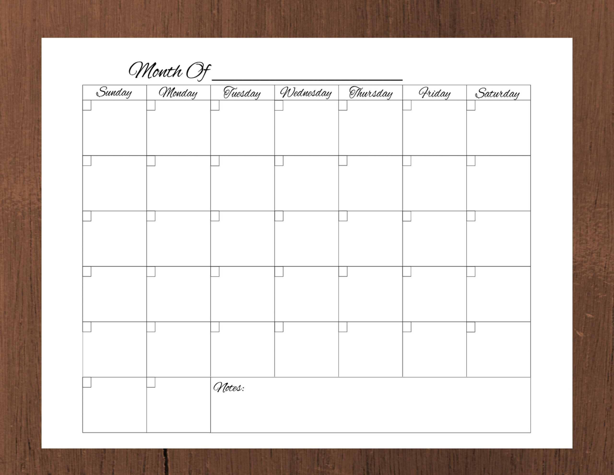 Blank Calendar Printable, Instant Digital Download, Monthly