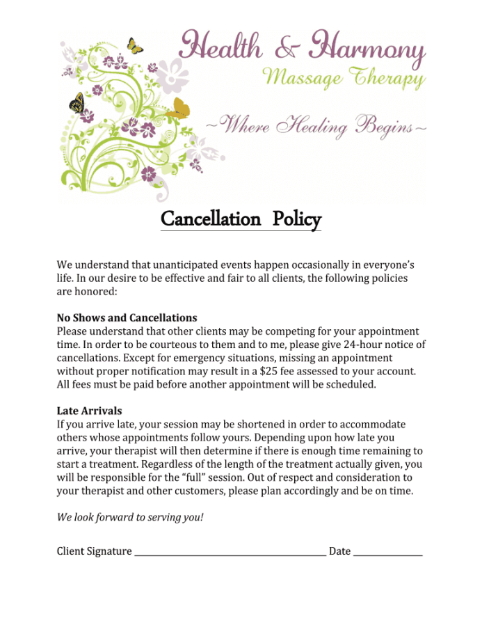 Cancellation Policy Example Massage - Fill Online, Printable