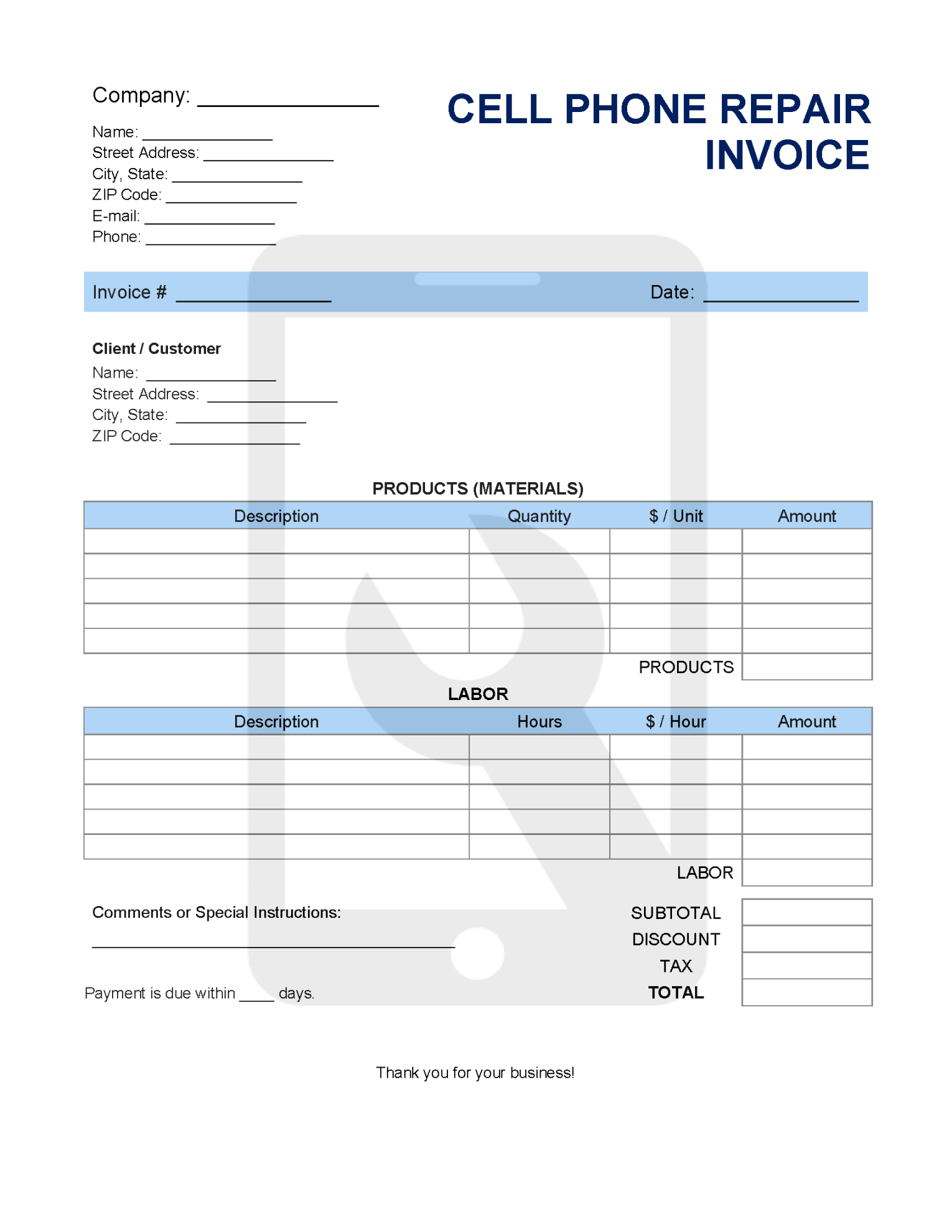 Cell Phone Repair Invoice Template  Invoice Generator