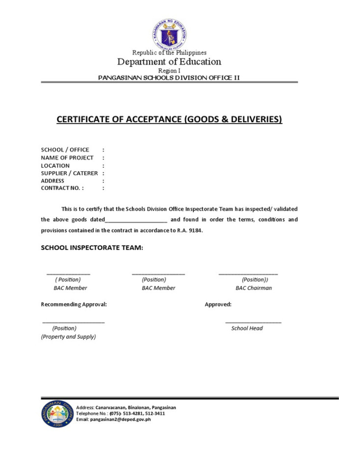 Certificate of Acceptance (Goods & Deliveries)  PDF