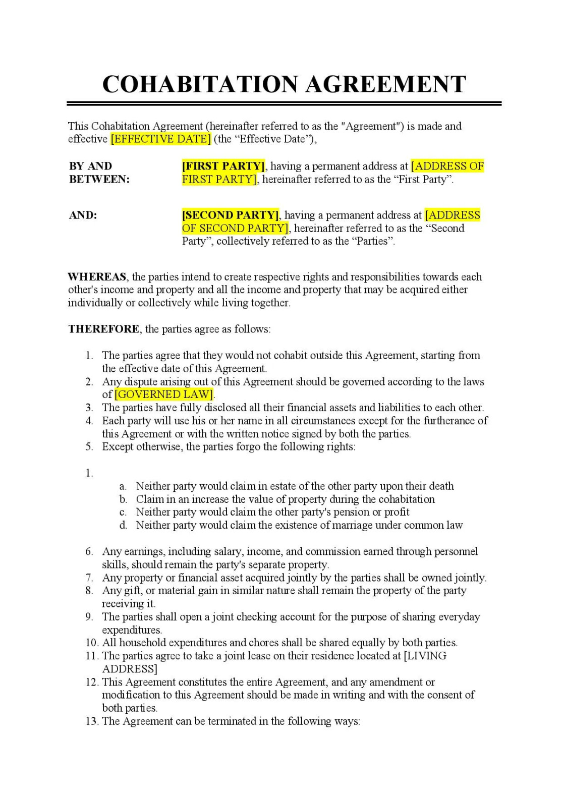 Cohabitation Agreement Template - Free Download - Easy Legal Docs