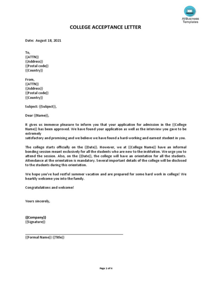 College Acceptance Letter Template  PDF  Justice  Crime & Violence