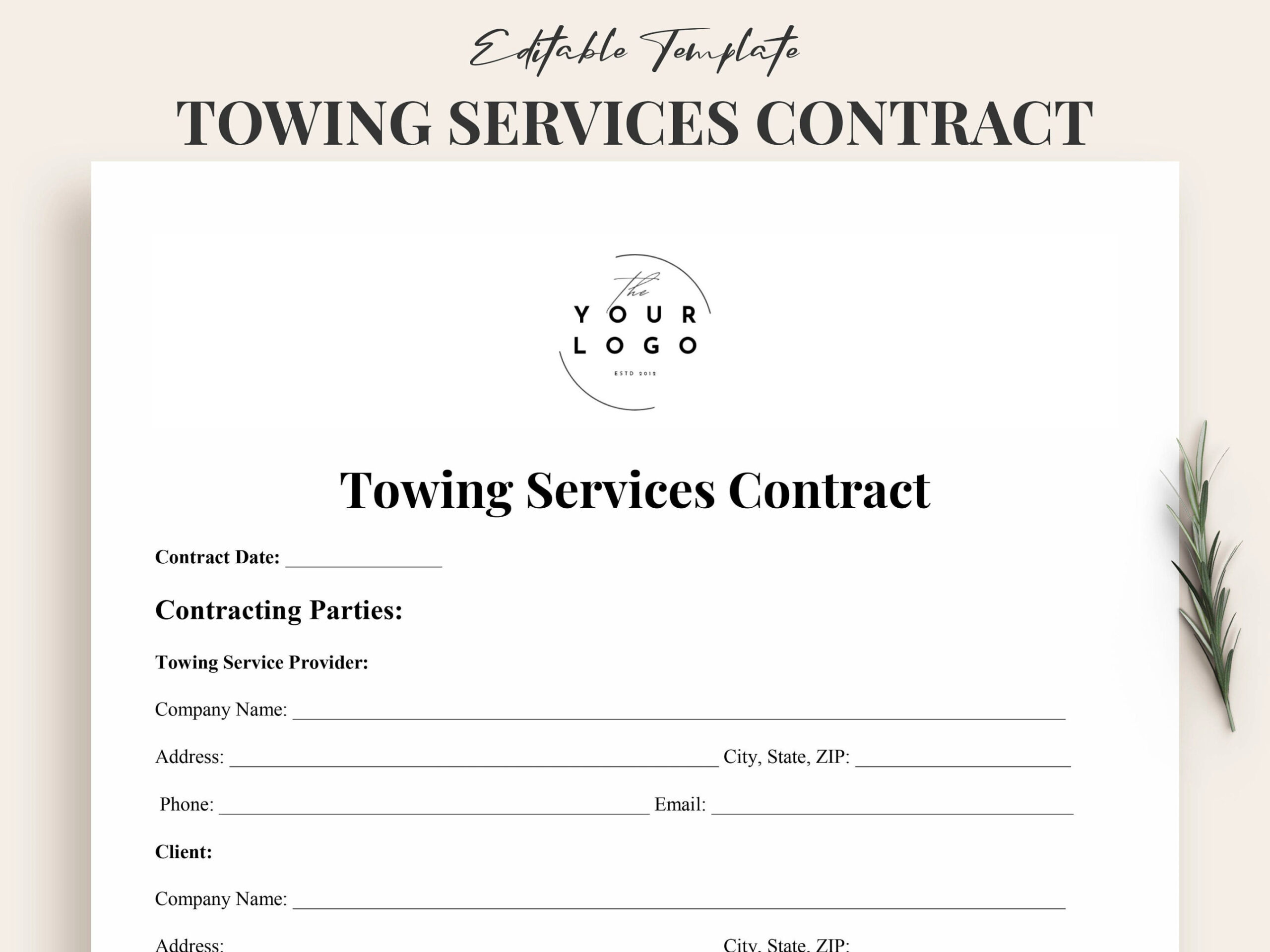 Comprehensive Towing Contract Template Editable, Printable