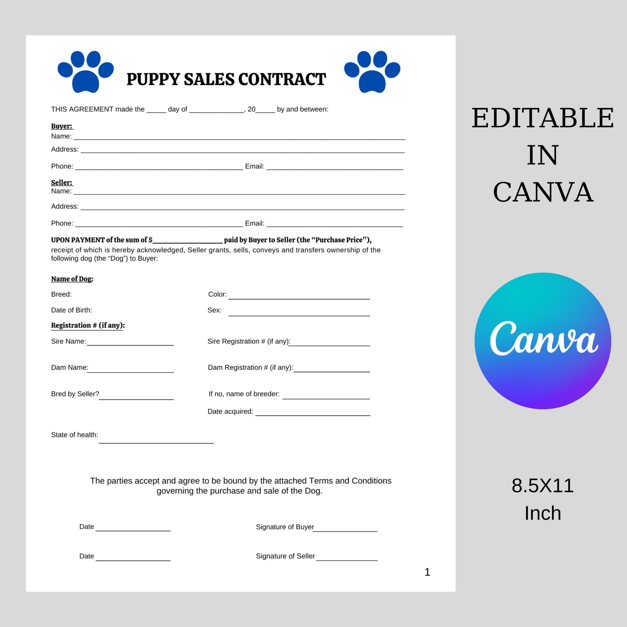 DIY Puppy Sales Contract, Personalised Puppy Canva Template, Puppy