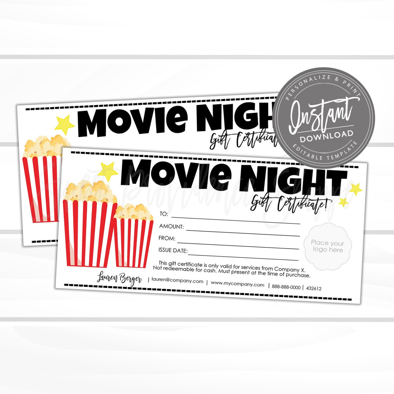 Editable Gift Certificate, Movie Night Printable Gift Certificate