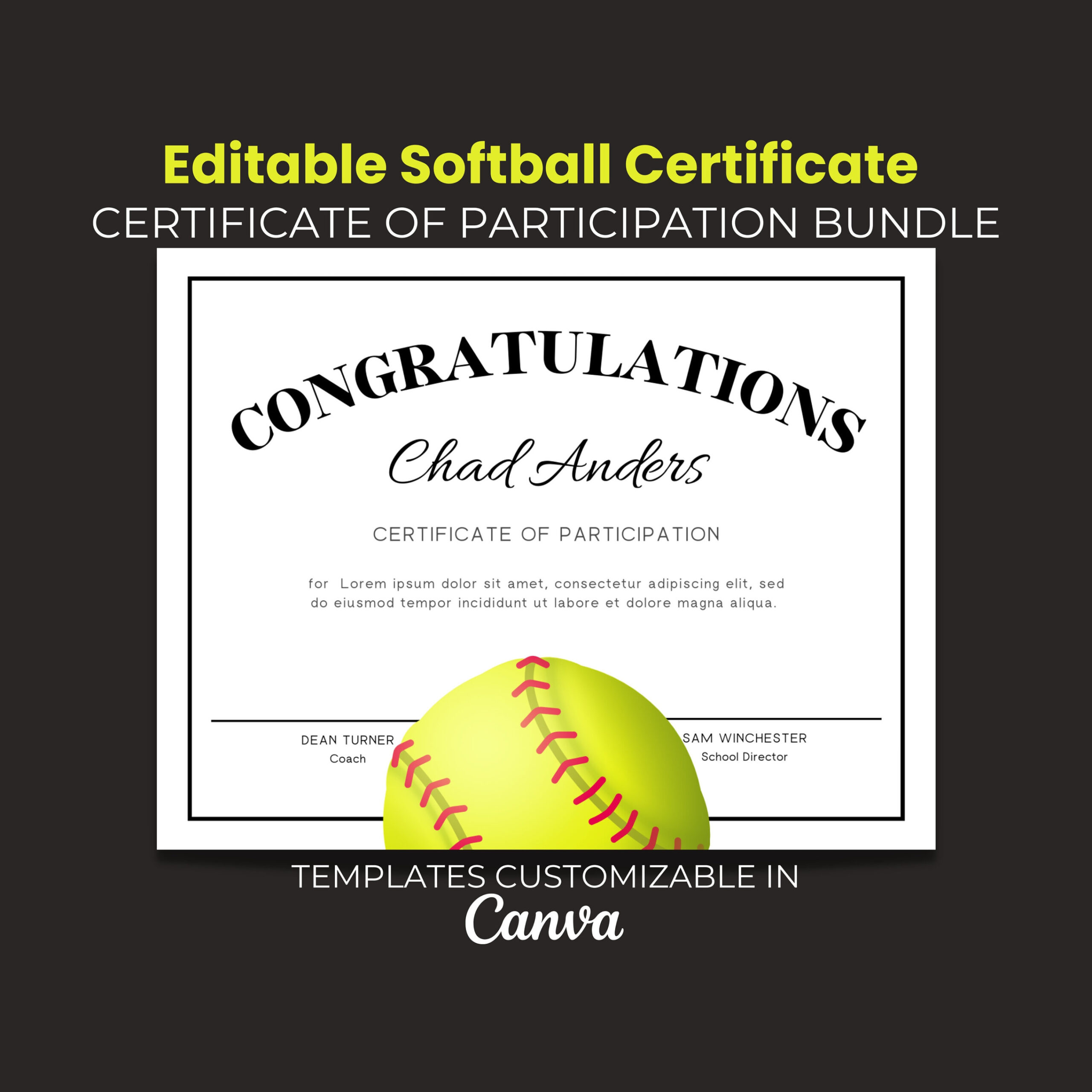 Editable Softball Awards Printable, Softball Team Certificate