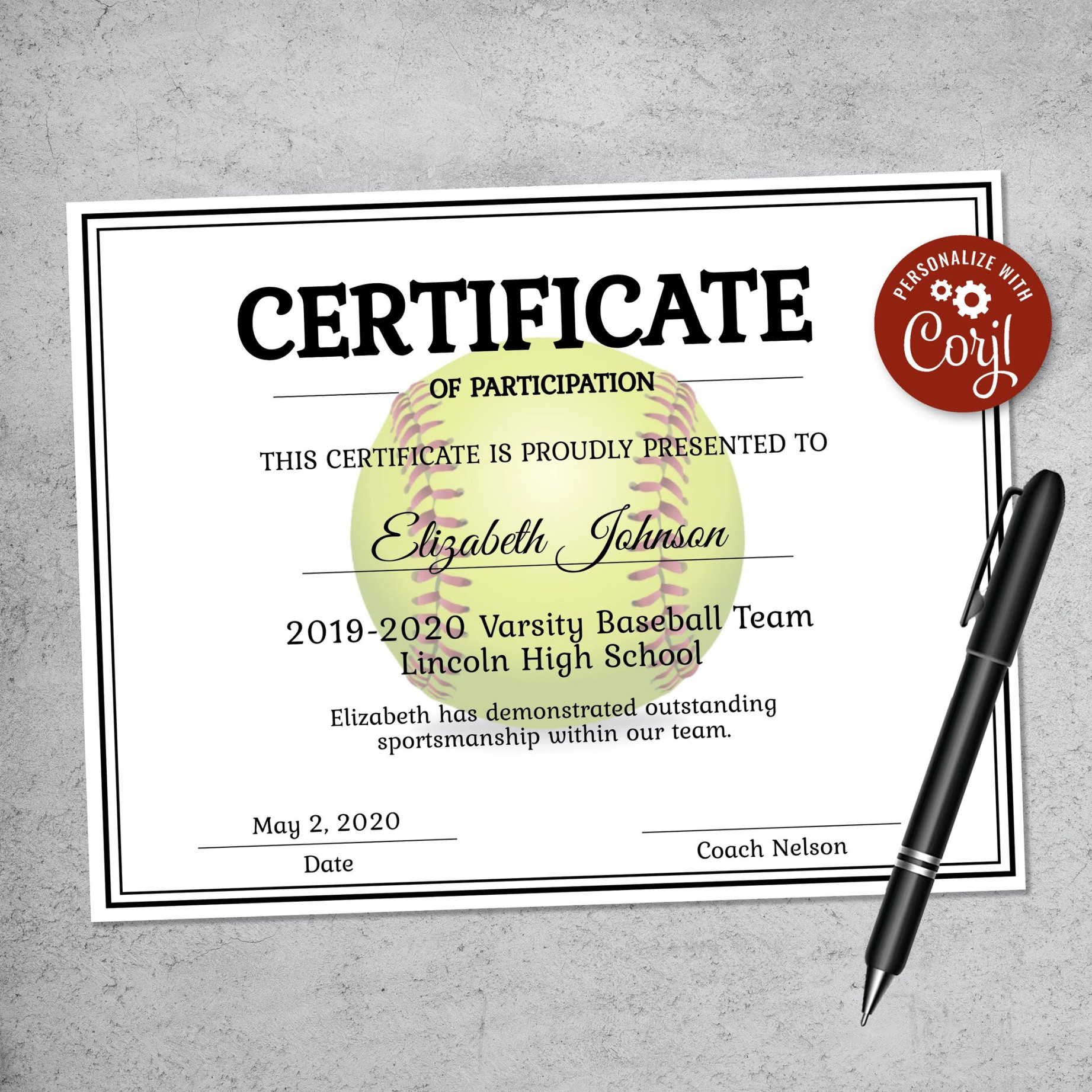 Editable Softball Certificate Template - LillyBellePaperie