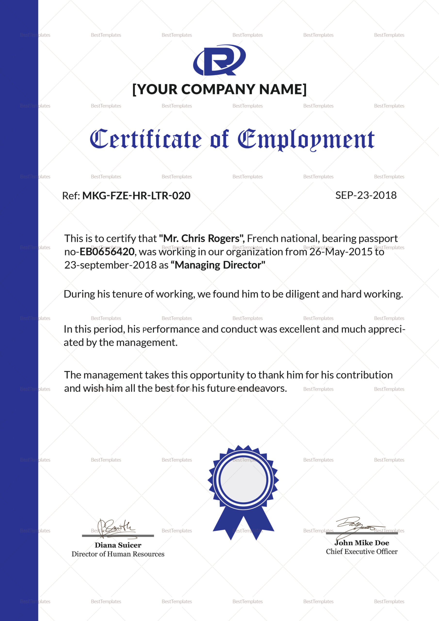 Excellent Employment Certificate Design Template in PSD, Word