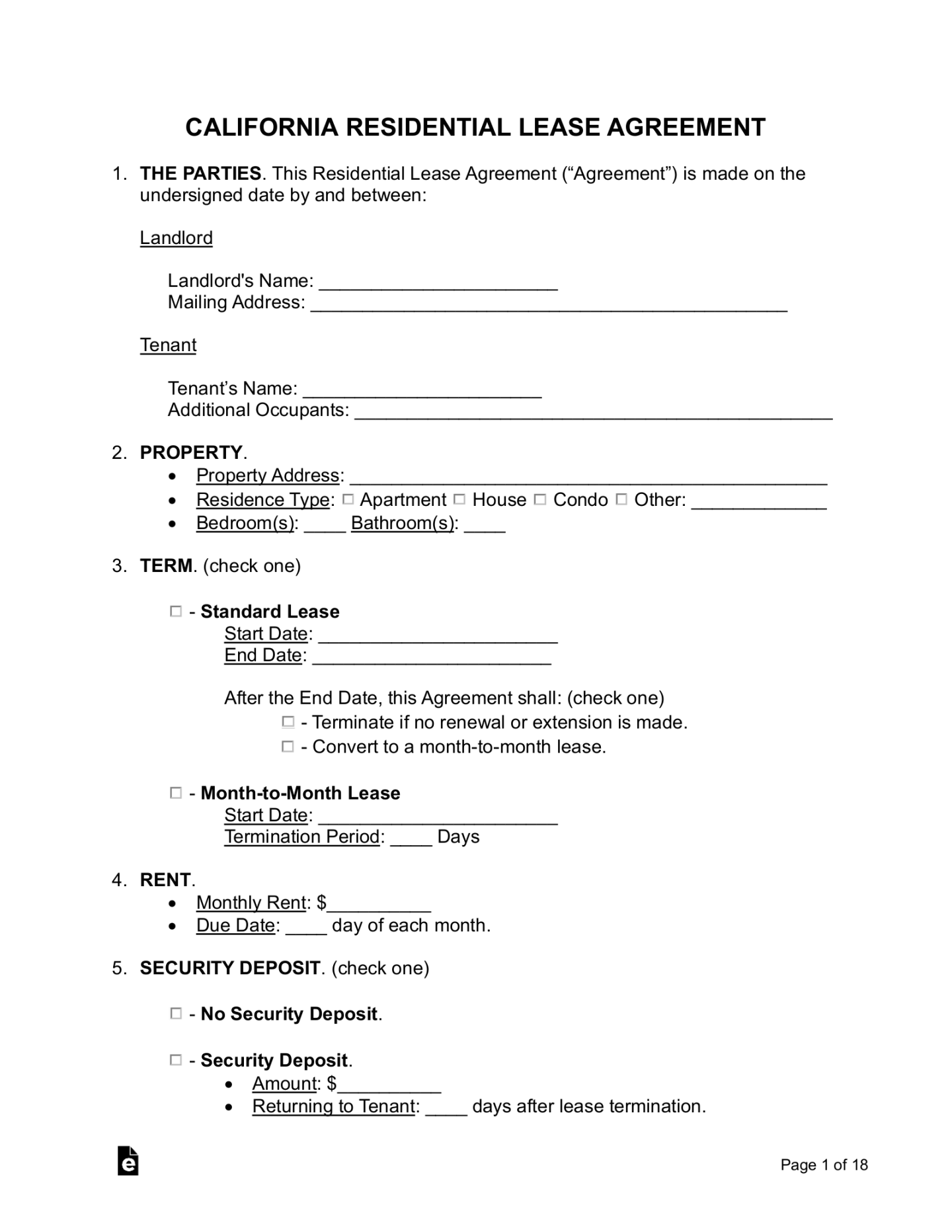 Free California Lease Agreement Templates () - PDF  Word – eForms