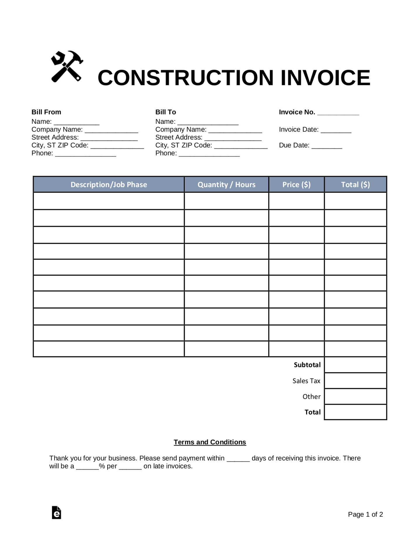 Free Construction Invoice Template - PDF  Word – eForms