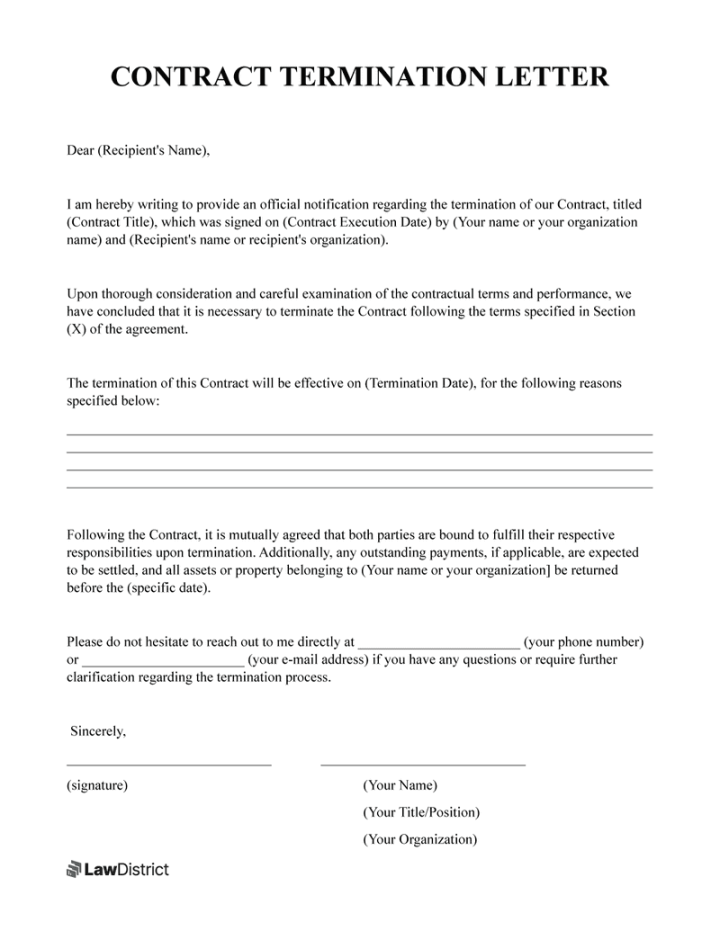 Free Contract Termination Letter Template  LawDistrict