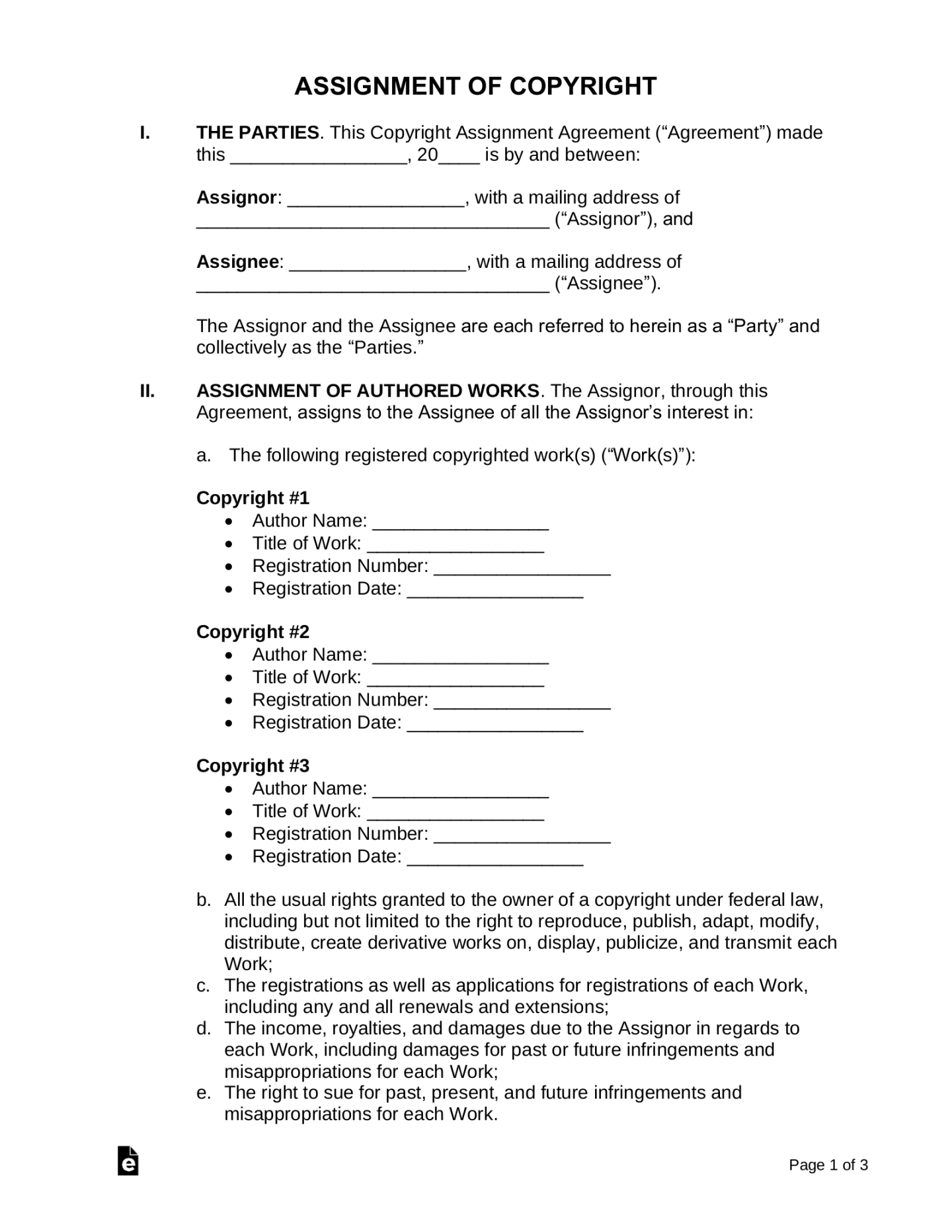 Free Copyright Assignment Agreement - PDF  Word – eForms