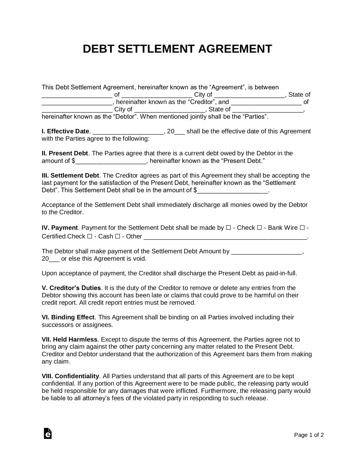 Free Debt Settlement Agreement - PDF  Word – eForms