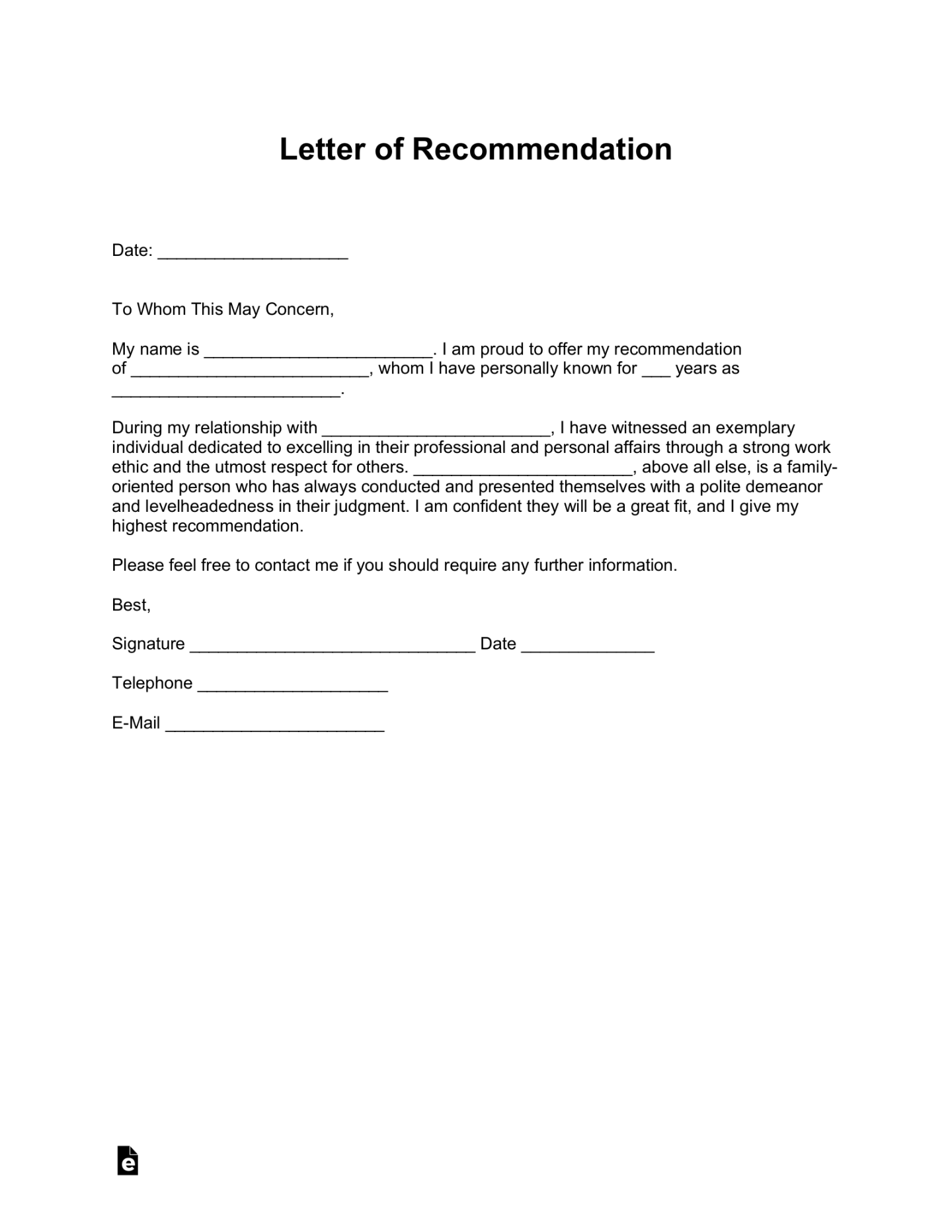 Free Letter of Recommendation Templates - PDF  Word – eForms