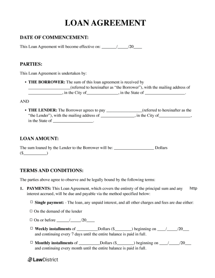 Free Loan Agreement Template  Loan Contract  LawDistrict