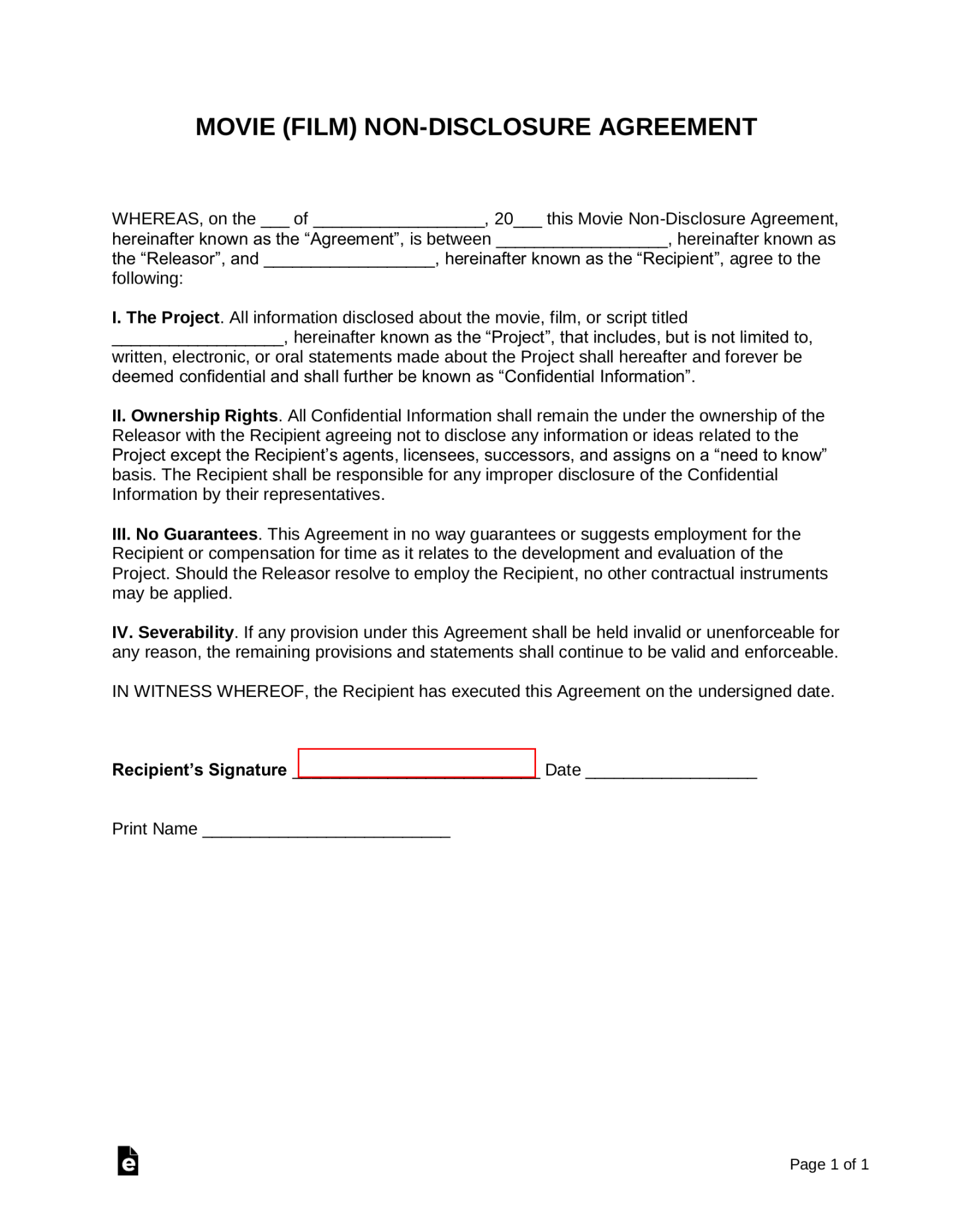 Free Movie (Film) Non-Disclosure Agreement (NDA) Template - PDF