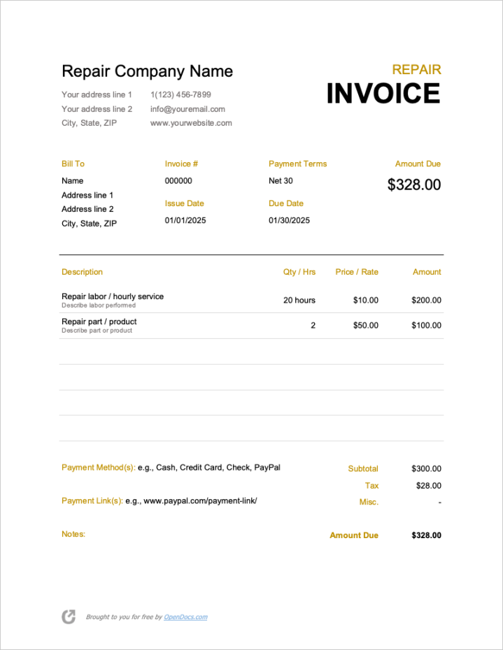 Free Repair Invoice Template  PDF  WORD  EXCEL