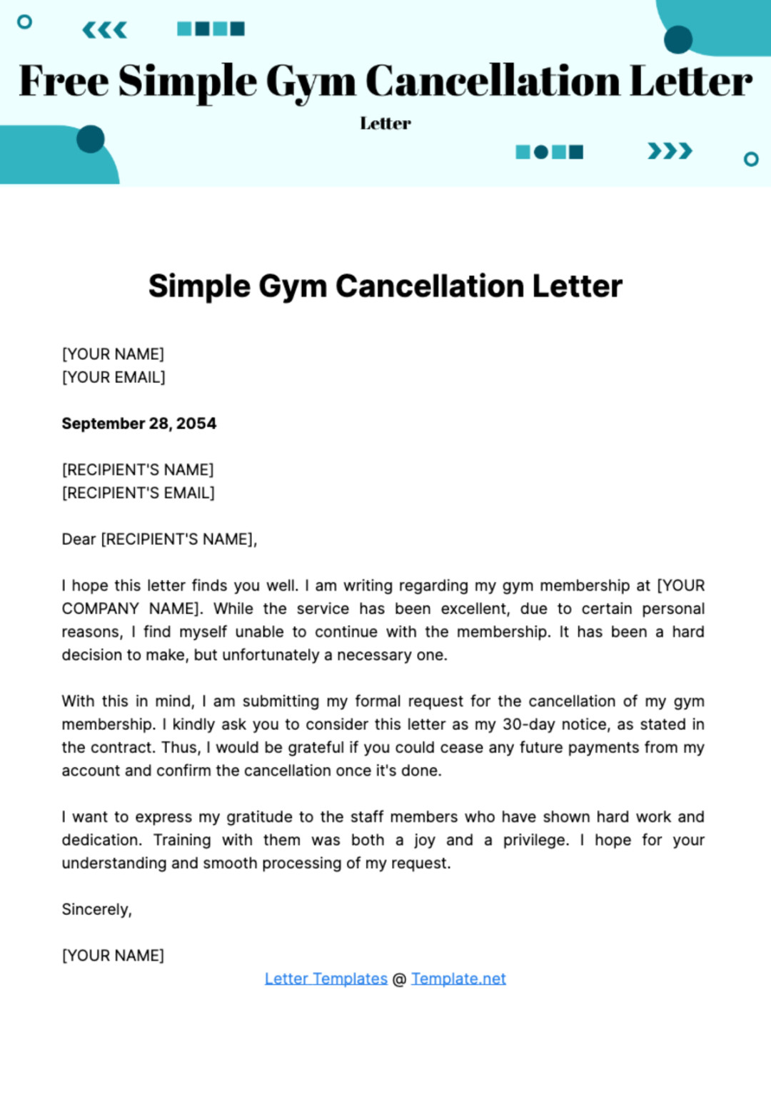 Free Simple Gym Cancellation Letter Template - Edit Online