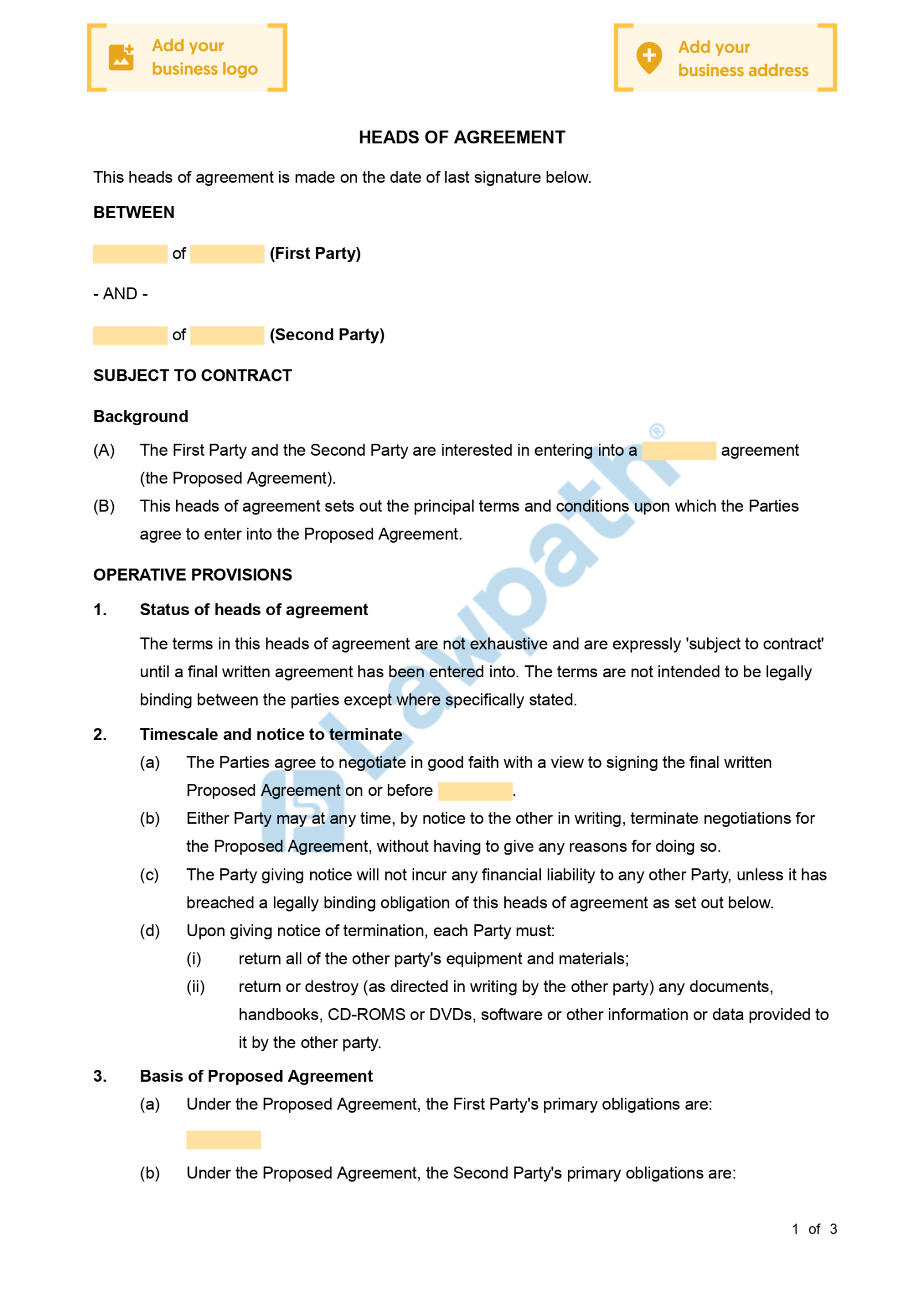 Heads of Agreement - Free Template  Sample - Lawpath