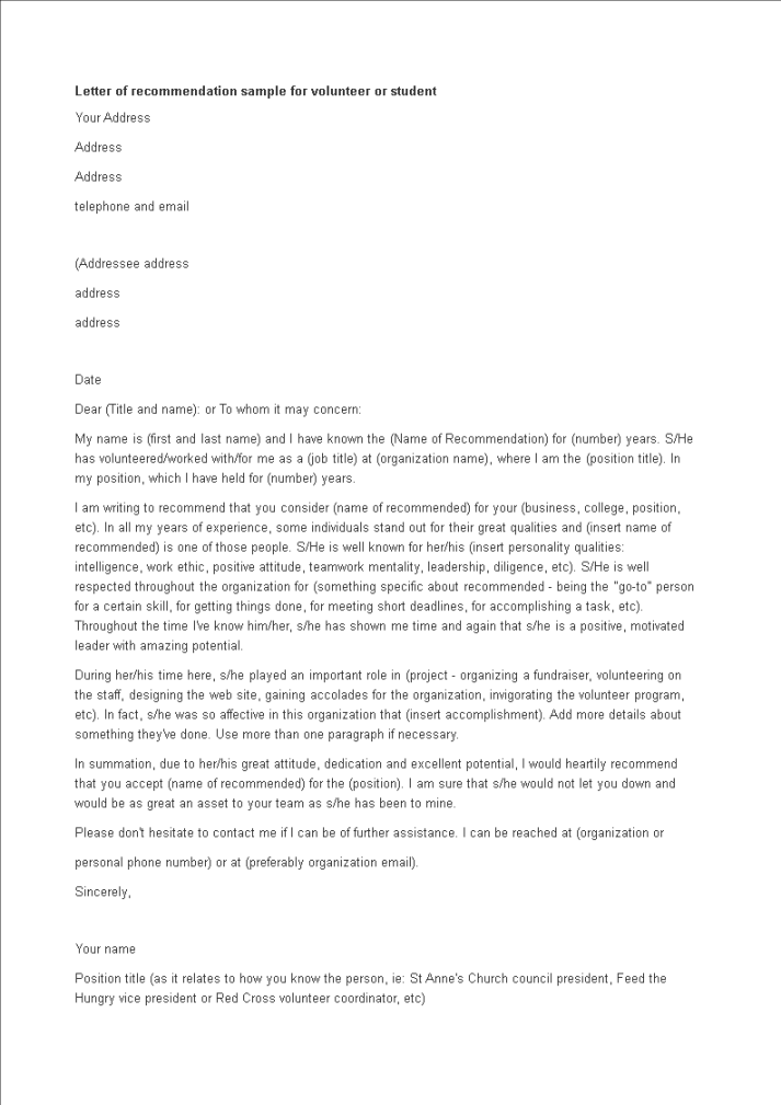 Letter Of Recommendation For A Volunteer Job  Templates at