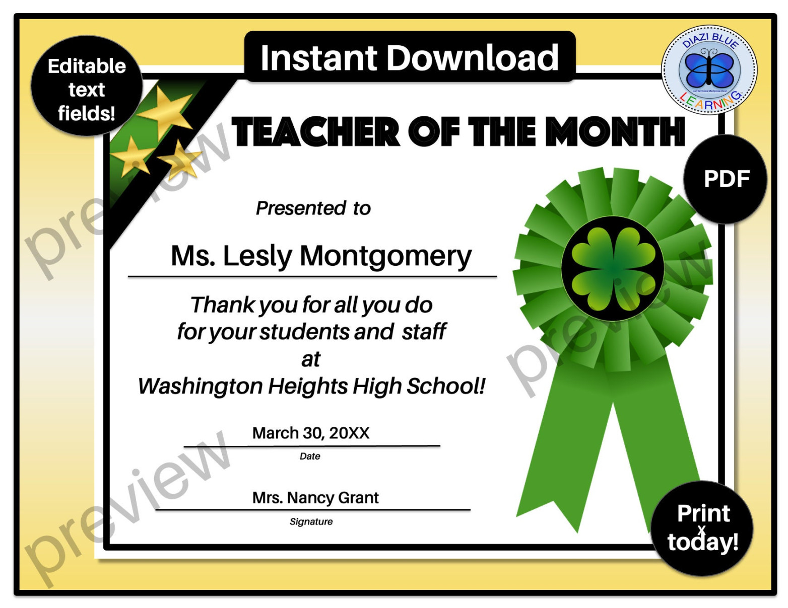 March Teacher of the Month Certificate, March Teacher of the Month