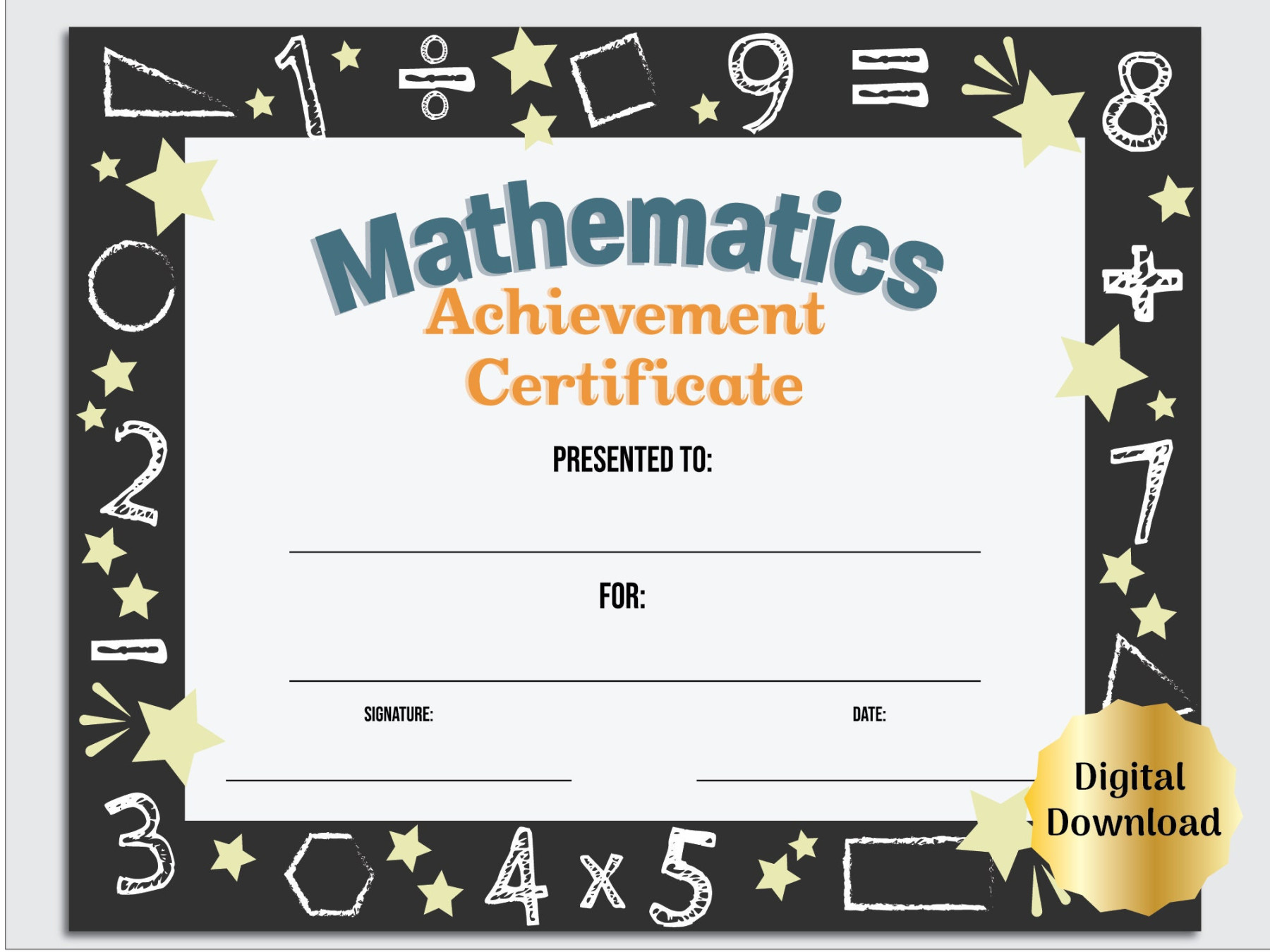 Math Certificate Award of Recognition, Editable PDF Digital