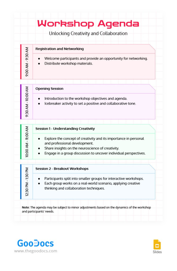 Minimale Workshop-Agenda Plantilla en Google Slides and Microsoft