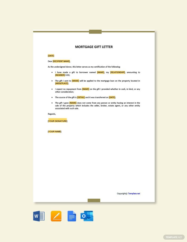 Mortgage Gift Letter in Google Docs, Word, Pages, Outlook, PDF