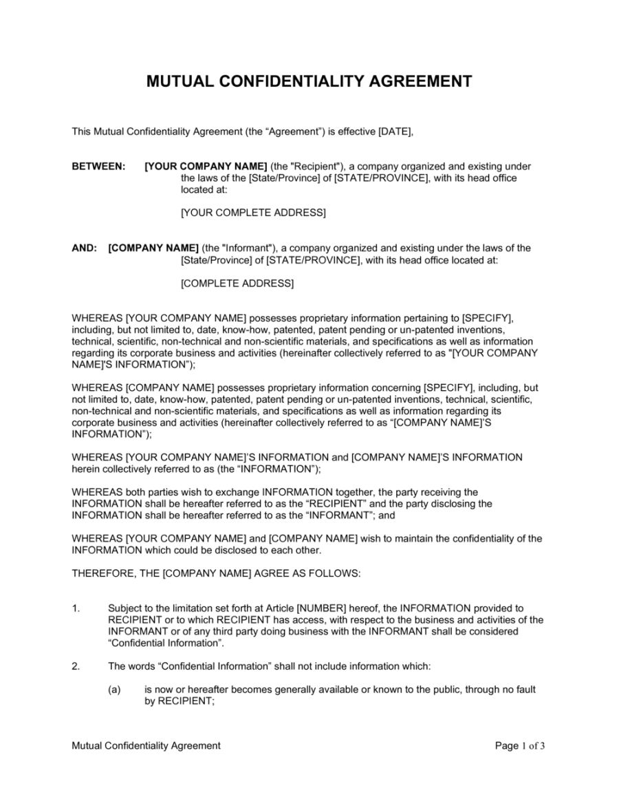 Mutual Confidentiality Agreement Template (Download)