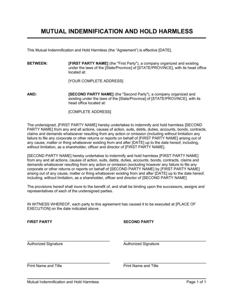 Mutual Indemnification and Hold Harmless Agreement Template (Download)