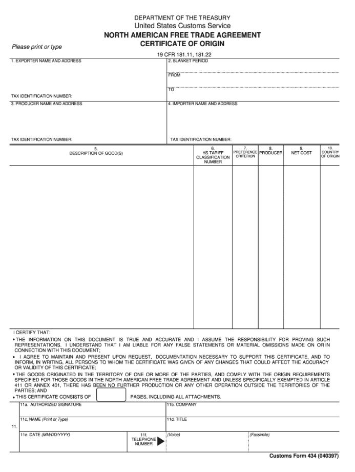 Nafta Certificate Of Origin Form - Fill Online, Printable