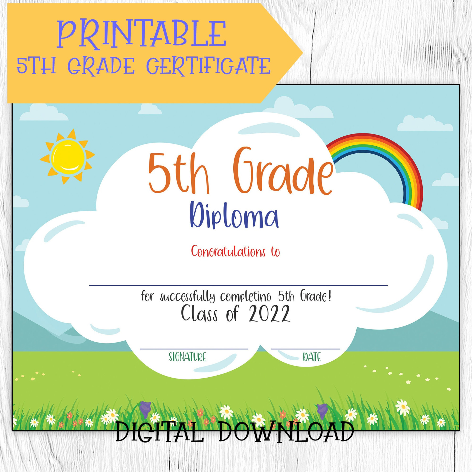 Printable DIY Fifth Grade Certificate Diploma, Instant