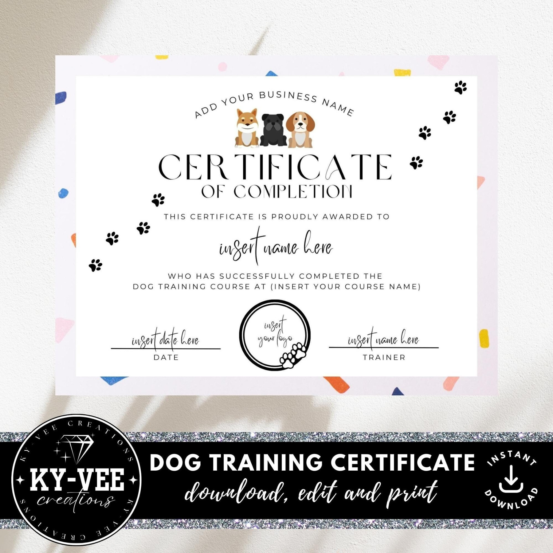 Printable Dog Training Certificate Template, INSTANT DOWNLOAD