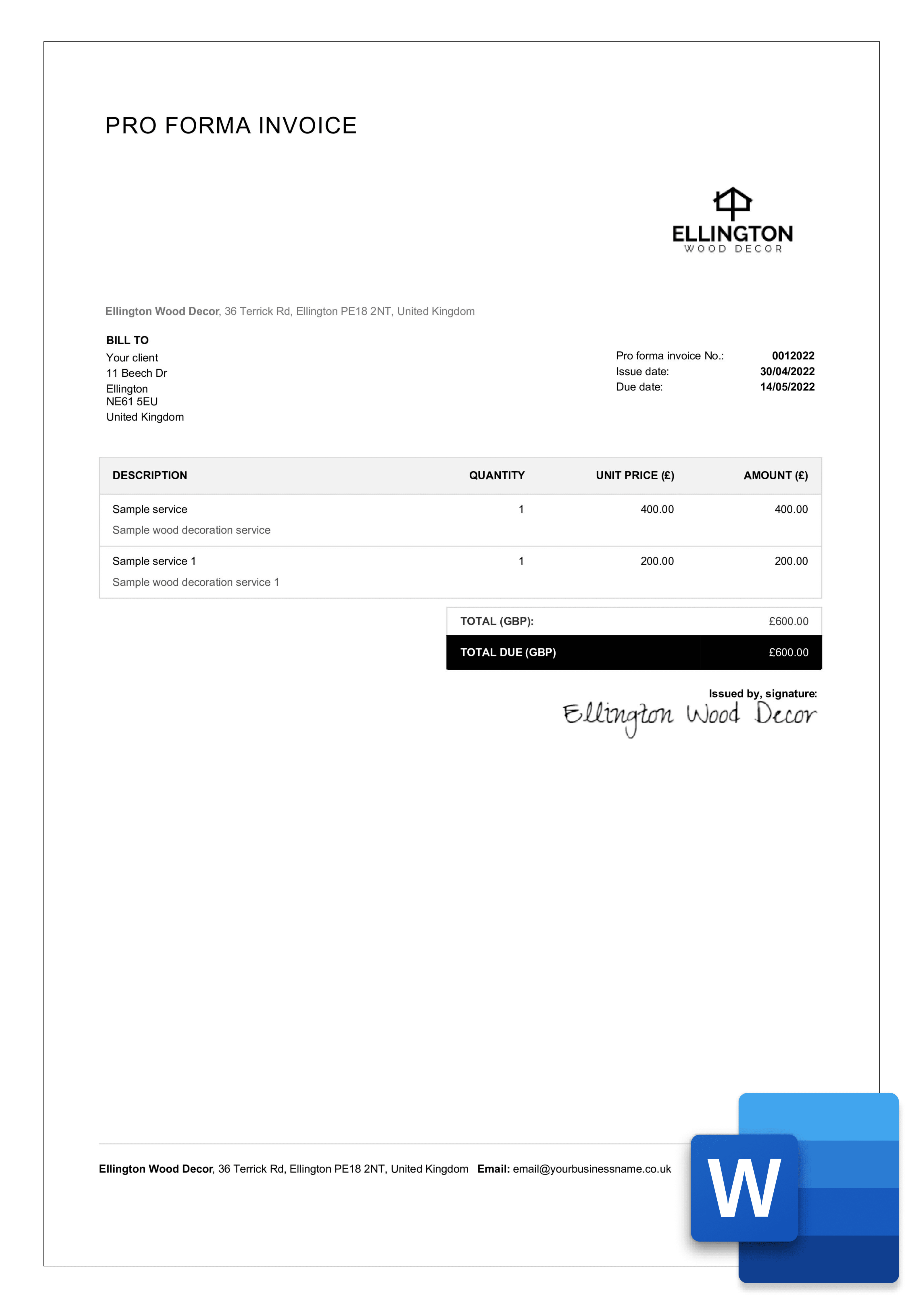 Proforma Word Invoice Template - Free & Editable  Billdu