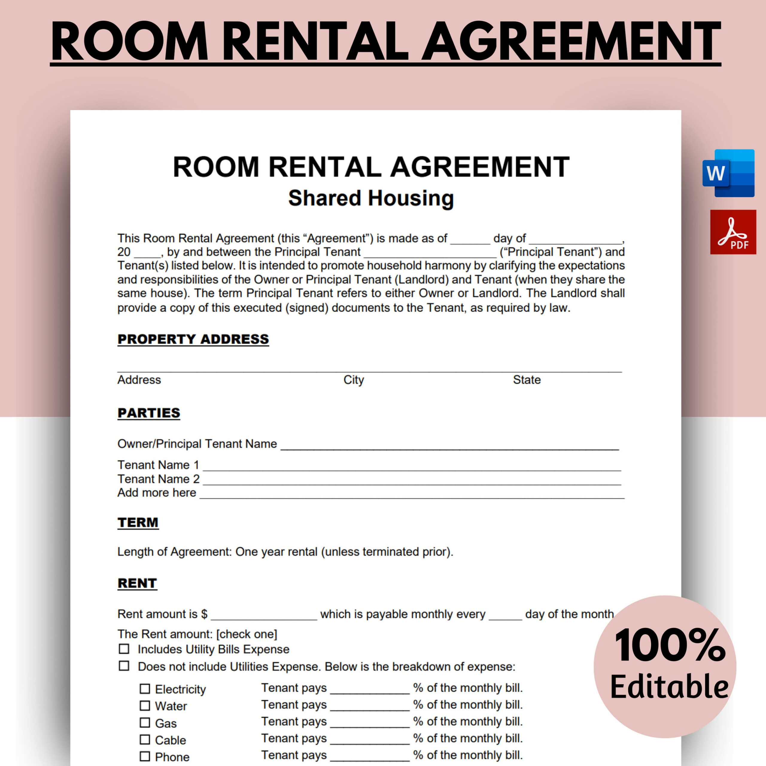 Room Rental Agreement, Rent Room, Lease Agreement, Roommate Room