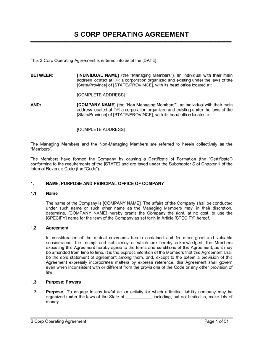 S Corp Operating Agreement Template (Download)