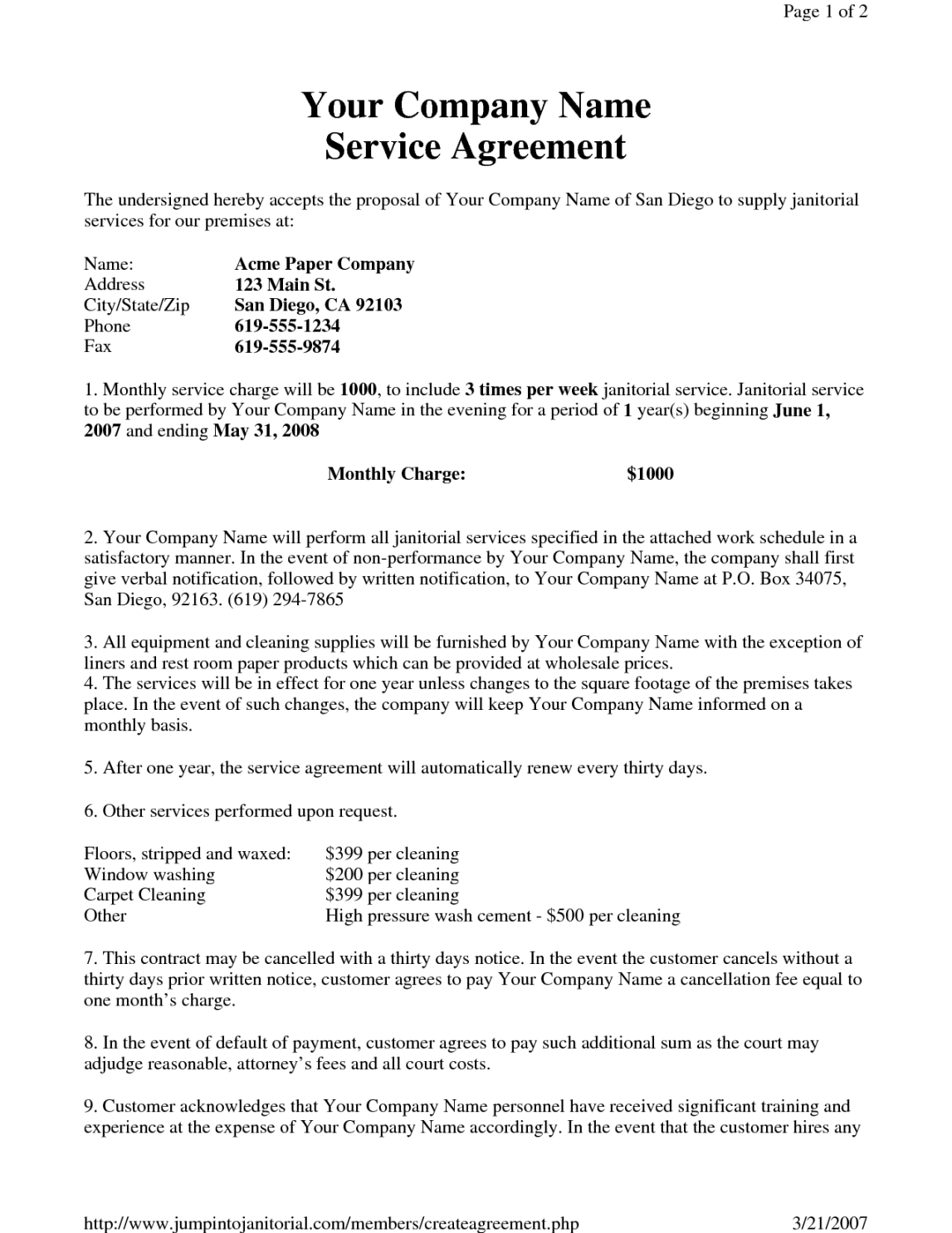 Sample Janitorial Contract - Free Printable Documents