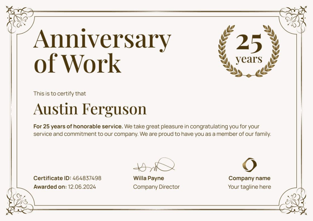 Simple and framed work anniversary certificate template