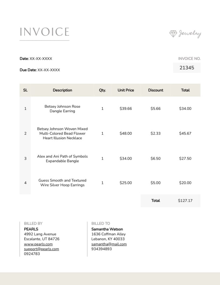 Simple Jewelry Invoice Template  Visme