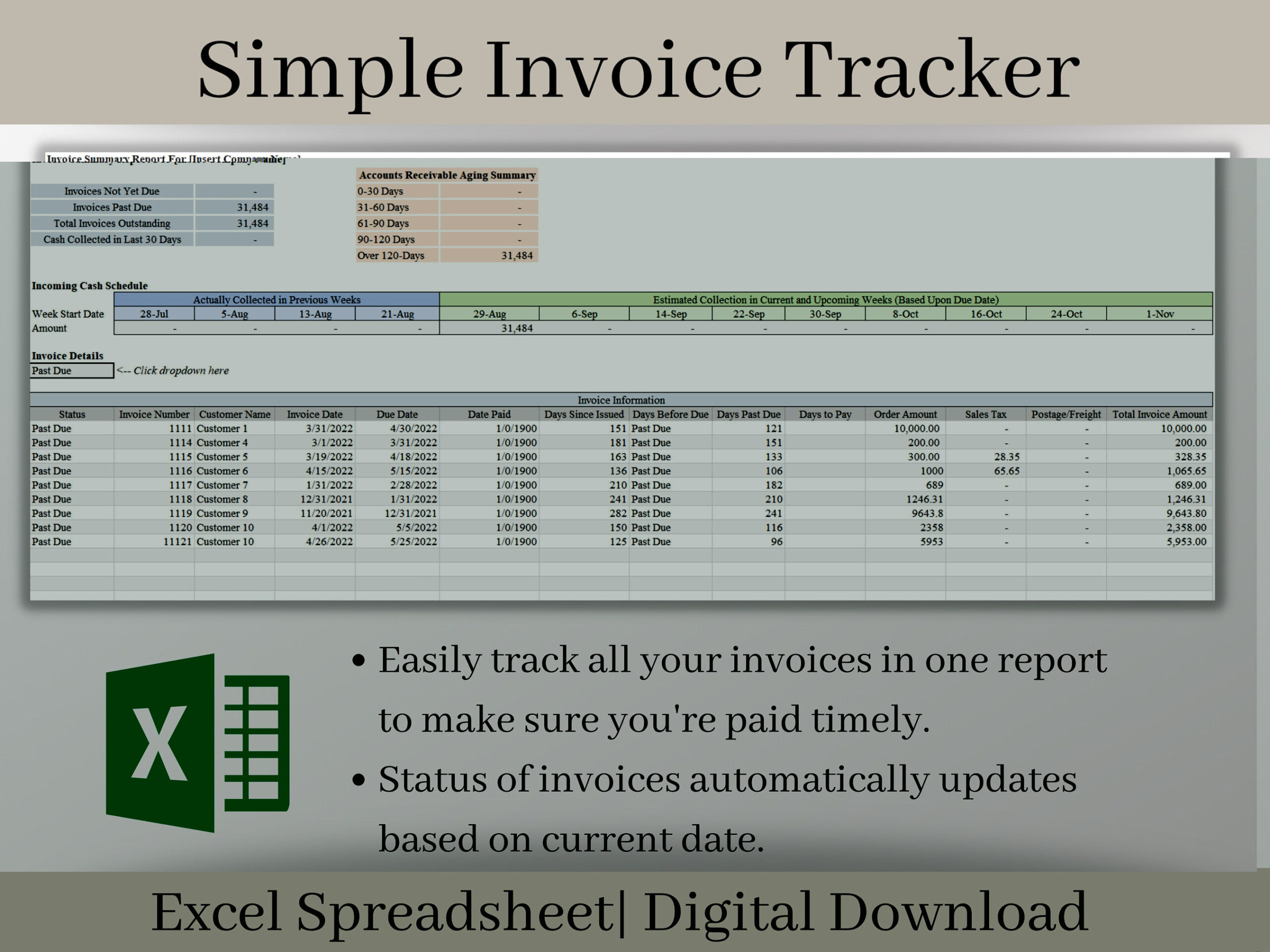 Small Business Invoice Tracker Spreadsheet, Excel Template, Easily