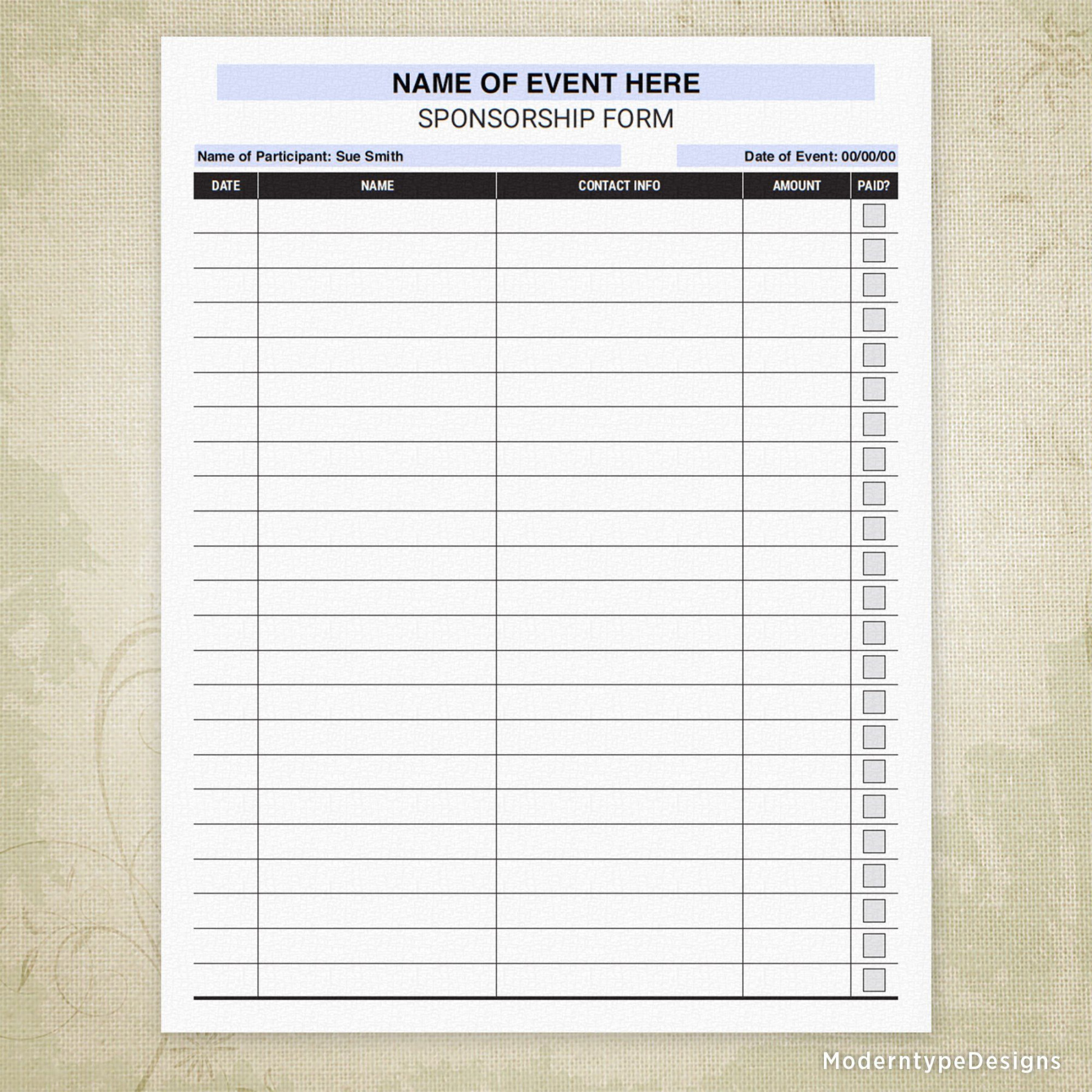 Sponsorship Sign Up Printable Form (editable)