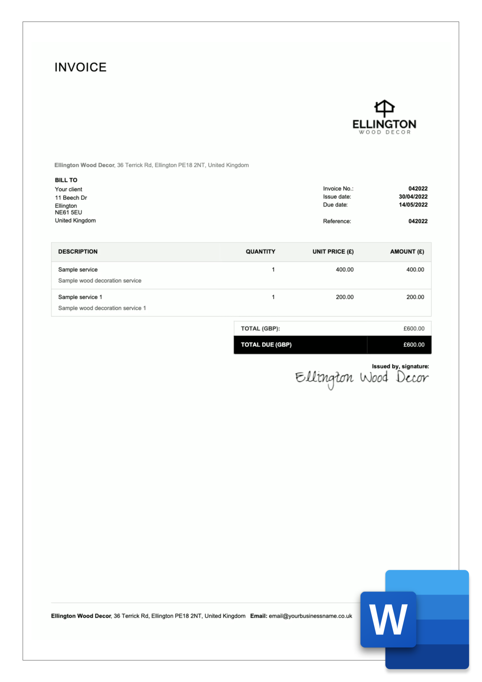 Word Invoice Templates for UK - Free download  Billdu