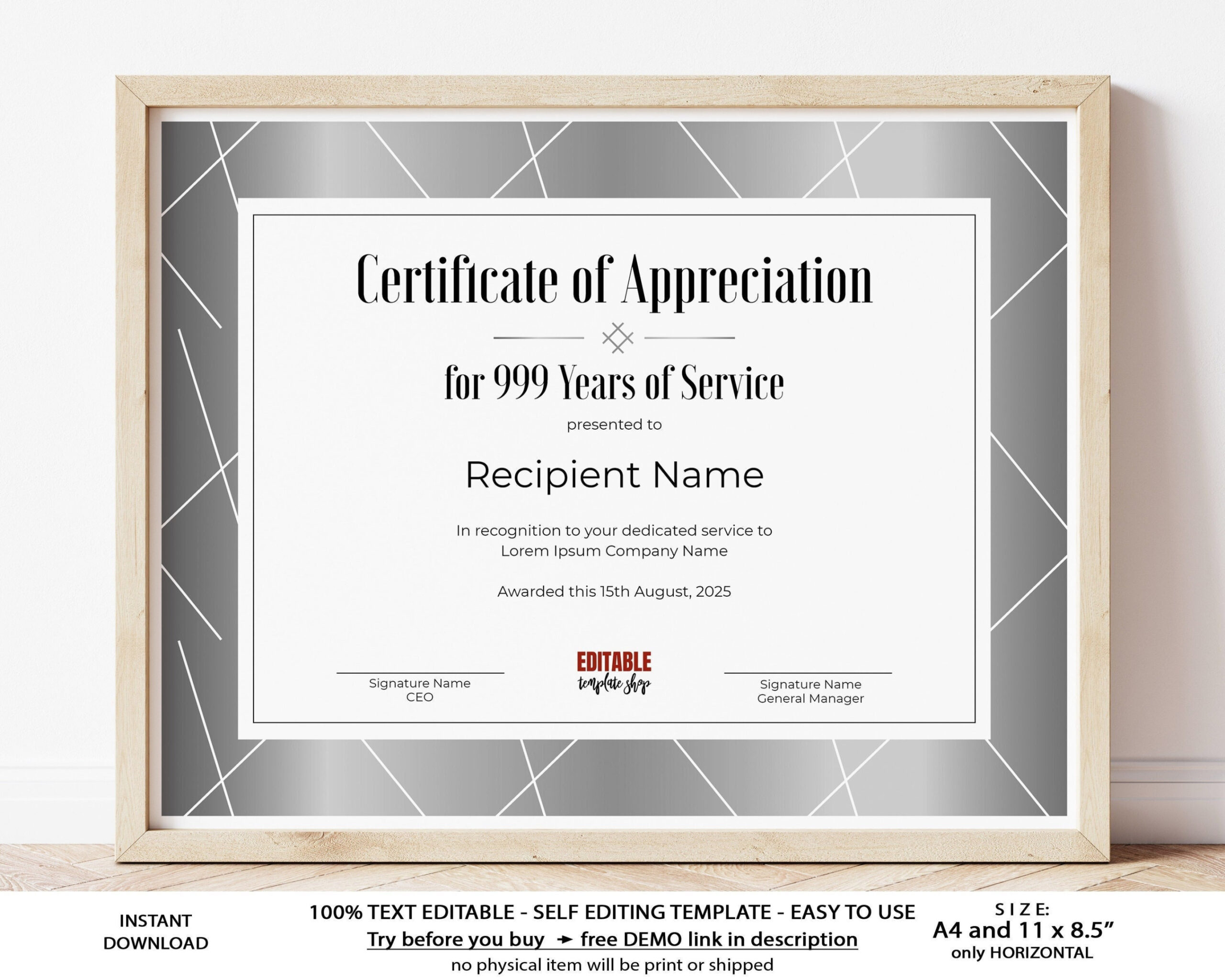 Years of Service EDITABLE Certificate of Appreciation Template